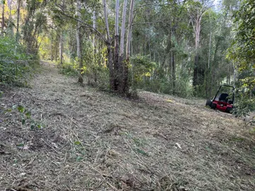 Wide firebreak cleared through eucalypt forest on a slope with the Ventrac working, Pullenvale
